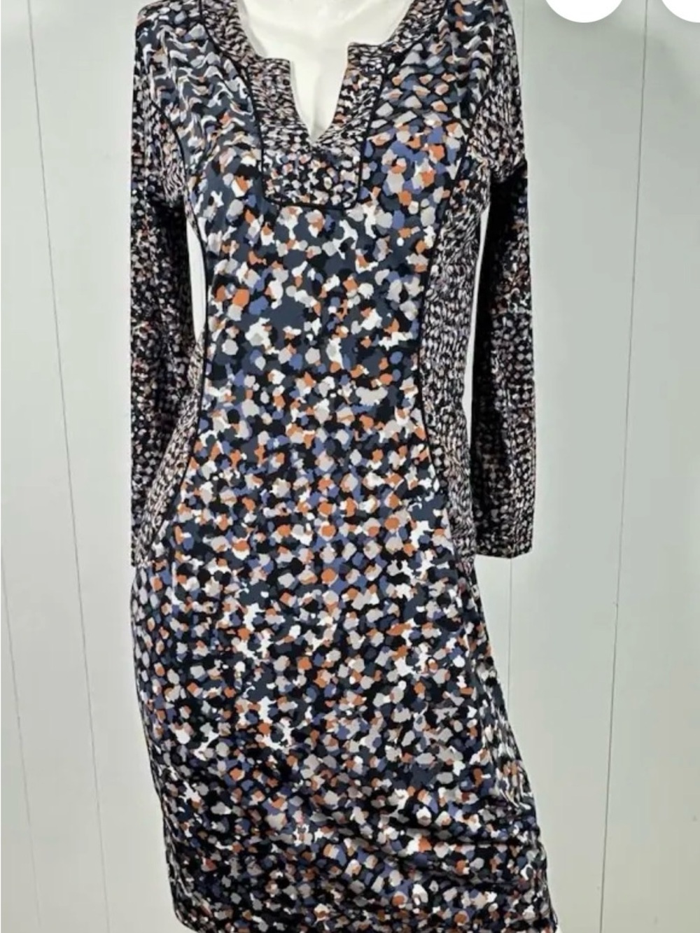 BCBGMaxAzria Navy, Rust, White & Gray Printed Long Sleeve Shift Dress